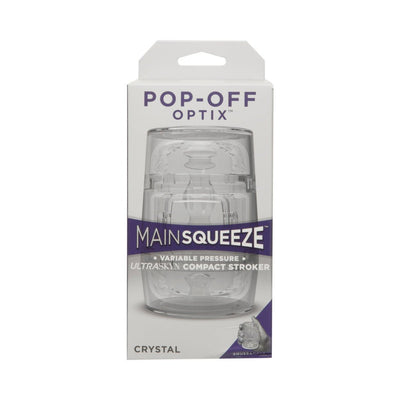 Packaging of Main Squeeze Pop-off Optix transparent compact stroker with variable pressure control.