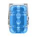 Transparent stroker with blue textured Ultraskyn interior and hard outer case for adjustable pressure control.