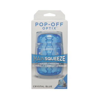 Main Squeeze Pop-off Optix compact stroker in crystal blue with variable pressure control in clear packaging.