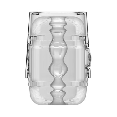 Transparent compact stroker with textured interior and hard outer case for adjustable pressure control.