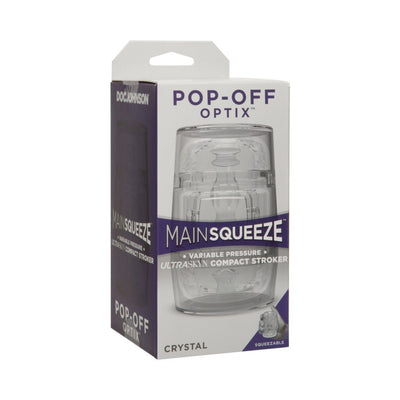 Main Squeeze Pop-off Optix transparent compact stroker in clear packaging with variable pressure control label.