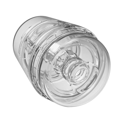 Transparent Main Squeeze Pop-off Optix stroker with visible internal texture and hard outer case design.