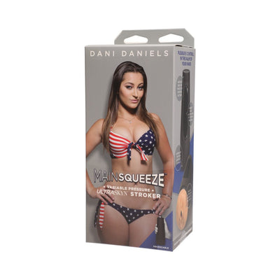 Packaging box of Main Squeeze Dani Daniels Ultraskyn stroker featuring a model in patriotic bikini and product details.