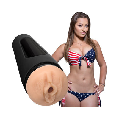 Main Squeeze Dani Daniels textured Ultraskyn masturbator with black case shown next to model in stars and stripes bikini