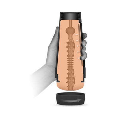 Cutaway view of Main Squeeze Dani Daniels masturbator showing textured Ultraskyn sleeve and adjustable suction base.