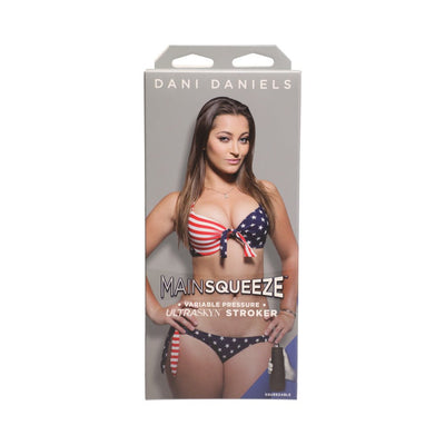 Packaging of Main Squeeze Pussy Masturbator featuring Dani Daniels in a patriotic bikini on the front.