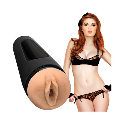 Main Squeeze Faye Reagan textured Ultraskyn masturbator with black case and model in leopard print lingerie.