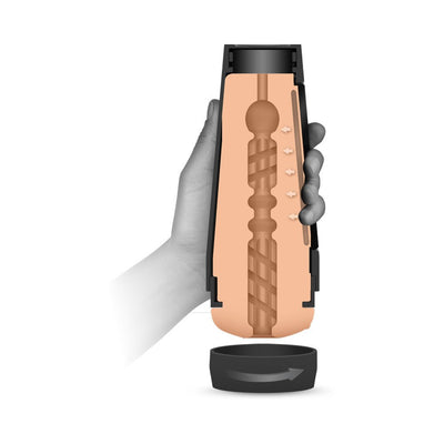 Cross-section view of Main Squeeze Faye Reagan masturbator showing textured interior and adjustable suction base.
