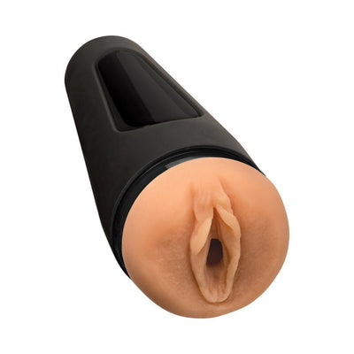 Black handheld masturbator with realistic skin-tone vaginal opening and ergonomic grip design.