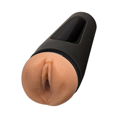 Main Squeeze Pussy Masturbator with black outer case and realistic skin-tone sleeve modeled after Jessie Andrews.