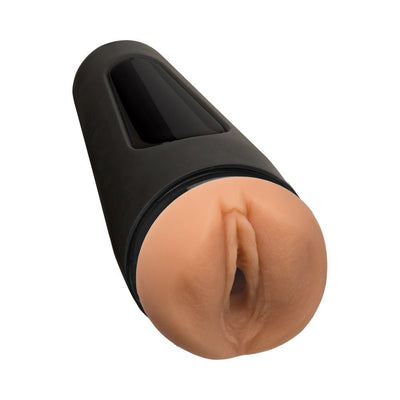 Main Squeeze Jessie Andrews textured Ultraskyn masturbator with black outer case and squeeze plate grip.