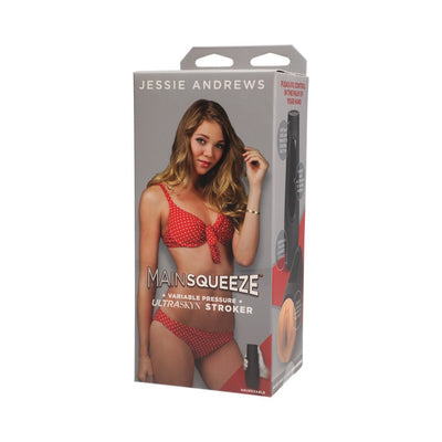 Packaging box of Main Squeeze Pussy Masturbator featuring Jessie Andrews in red polka dot lingerie and product details.