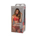 Packaging box of Main Squeeze Pussy Masturbator featuring Jessie Andrews in red polka dot lingerie and product details.