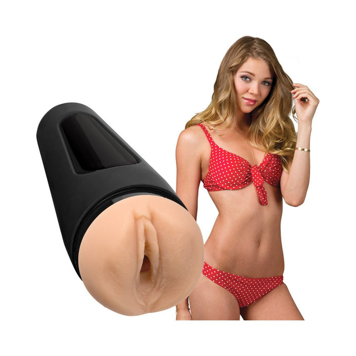 Main Squeeze Jessie Andrews textured Ultraskyn masturbator with black case shown next to model in red polka dot bikini.