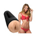 Main Squeeze Jessie Andrews textured Ultraskyn masturbator with black case shown next to model in red polka dot bikini.