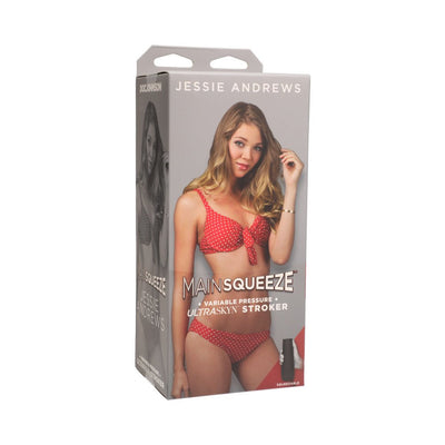 Packaging box of Main Squeeze Ultraskyn stroker featuring model in red polka dot bikini with product branding and details.