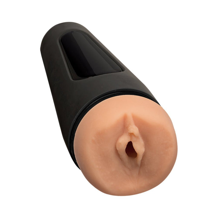 Vanilla beige lifelike stroker with black squeezable grip and adjustable suction end cap.