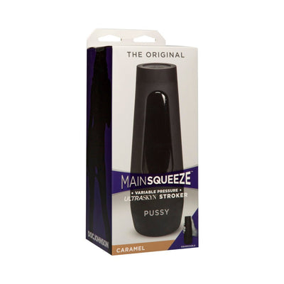 Packaging box of Main Squeeze Original Pussy caramel color Ultraskyn stroker with variable pressure feature.