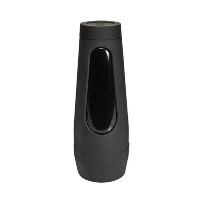 Black cylindrical stroker case with a sleek, glossy panel and twist-off caps for discreet storage and adjustable suction.