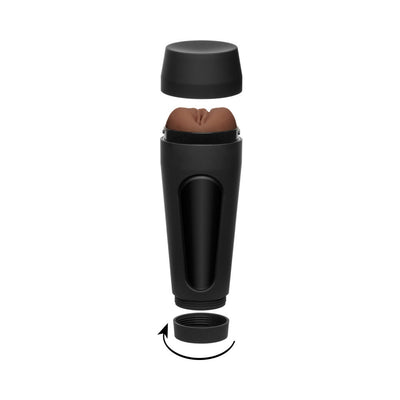 Black cylindrical stroker case with removable top and bottom caps revealing a beige textured sleeve inside.