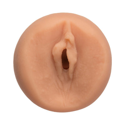 Vanilla beige lifelike textured male stroker sleeve with realistic vaginal opening.