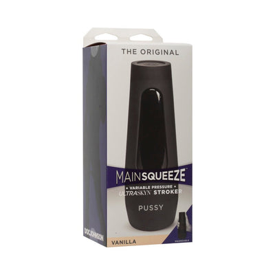 Packaging box of Main Squeeze Original Pussy Vanilla beige stroker with variable pressure and squeezable grip.