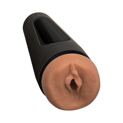 Vanilla beige lifelike stroker with squeezable black outer case and realistic textured opening.