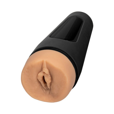 Vanilla beige lifelike stroker with black squeezable grip and adjustable suction cap for personalized use.