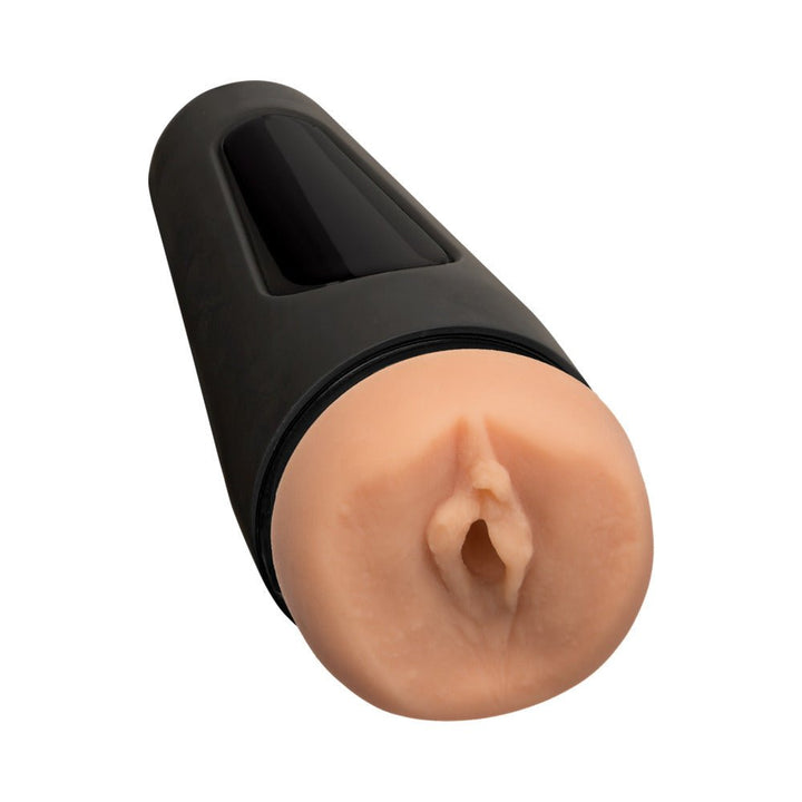 Textured UltraSkyn masturbator with realistic design and black hard outer case for customizable pleasure.
