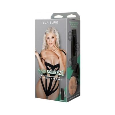 Packaging of Main Squeeze Ultraskyn Pussy Stroker featuring Eva Elfie in black lingerie and product images on a gray and green box.