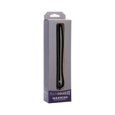 Main Squeeze black warming accessory in packaging designed for USB-powered heating with sleek, elongated shape.