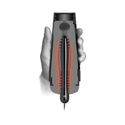 Hand holding Main Squeeze warming wand accessory inside a device with heat waves shown in red and orange lines.