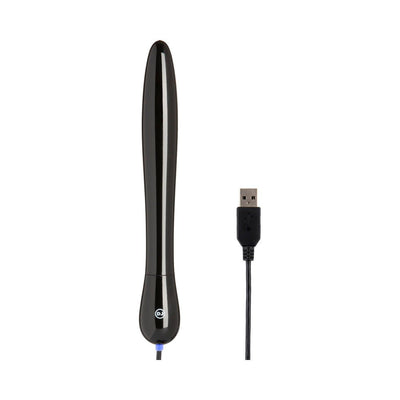 Black sleek warming wand accessory with USB cable for Main Squeeze masturbators on white background