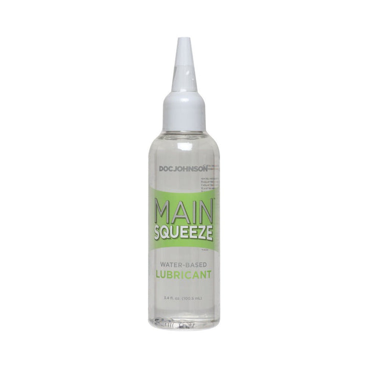 Main Squeeze water-based lubricant 3.4 oz bottle with precision nozzle and green label on white background.
