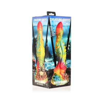 Colorful rainbow silicone fantasy dildo with textured, curved design in Creature Cocks Majestic Merman packaging.