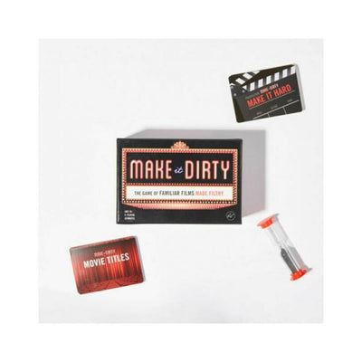 Make It Dirty adult party game box with movie title and challenge cards plus a sand timer on a white background.