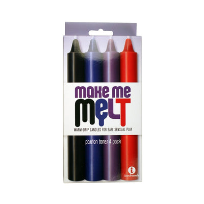 Pack of four Make Me Melt sensual warm drip candles in black, blue, purple, and red for safe intimate play.