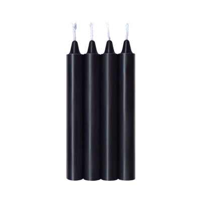 Four black sensual warm drip candles with white wicks, standing upright on a white background.
