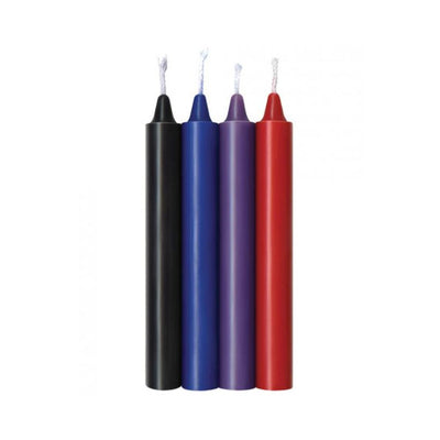 Set of four sensual warm drip candles in black, blue, purple, and red for intimate wax play.