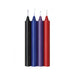 Set of four sensual warm drip candles in black, blue, purple, and red for intimate wax play.