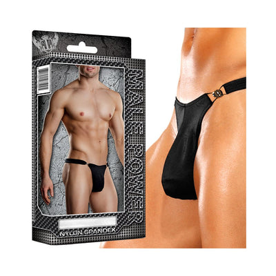Close-up and packaging view of Male Power black nylon spandex thong with clip detail on a fit male model.