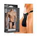 Close-up and packaging view of Male Power black nylon spandex thong with clip detail on a fit male model.