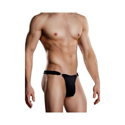 Male model wearing black Male Power Bong Clip Thong underwear in size S/M with a sleek, minimal design.