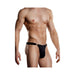 Male model wearing black Male Power Bong Clip Thong underwear in size S/M with a sleek, minimal design.