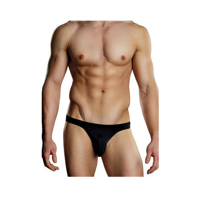 Male model wearing black Male Power Bong thong underwear in size L/XL, front view on white background.