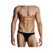 Male model wearing black Male Power Bong thong underwear in size L/XL, front view on white background.