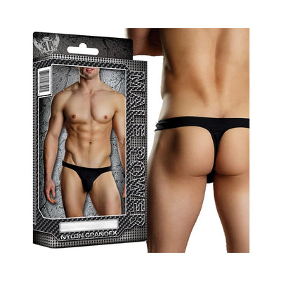 Black Male Power Bong thong underwear shown on a fit male model from front and back with packaging.