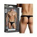 Black Male Power Bong thong underwear shown on a fit male model from front and back with packaging.