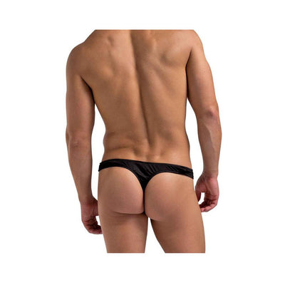 Rear view of a male model wearing black Male Power Bong thong underwear in size L/XL against a white background.