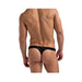 Rear view of a male model wearing black Male Power Bong thong underwear in size L/XL against a white background.